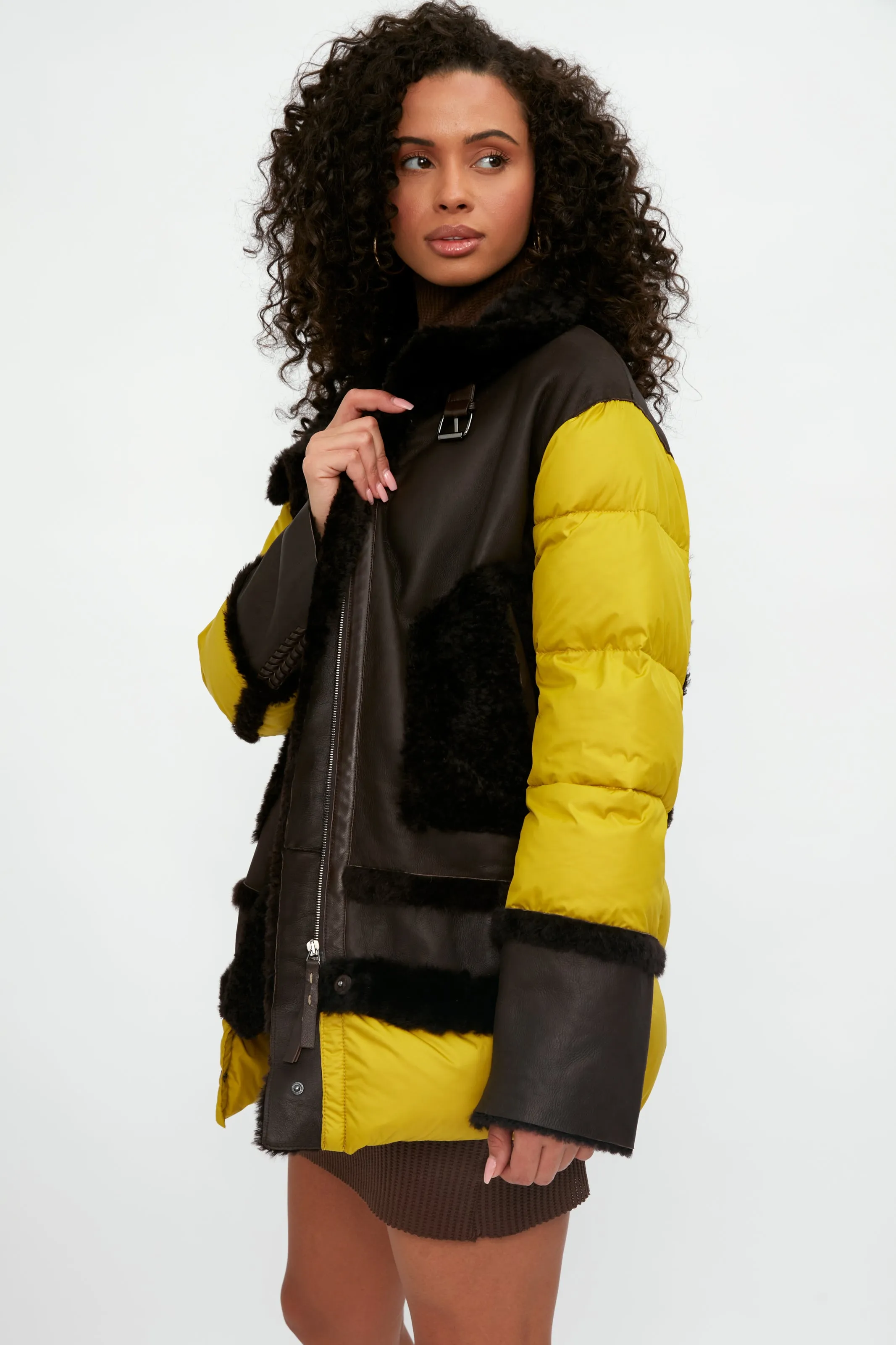 Shearling and Leather Parka Coat in Moro and Curry