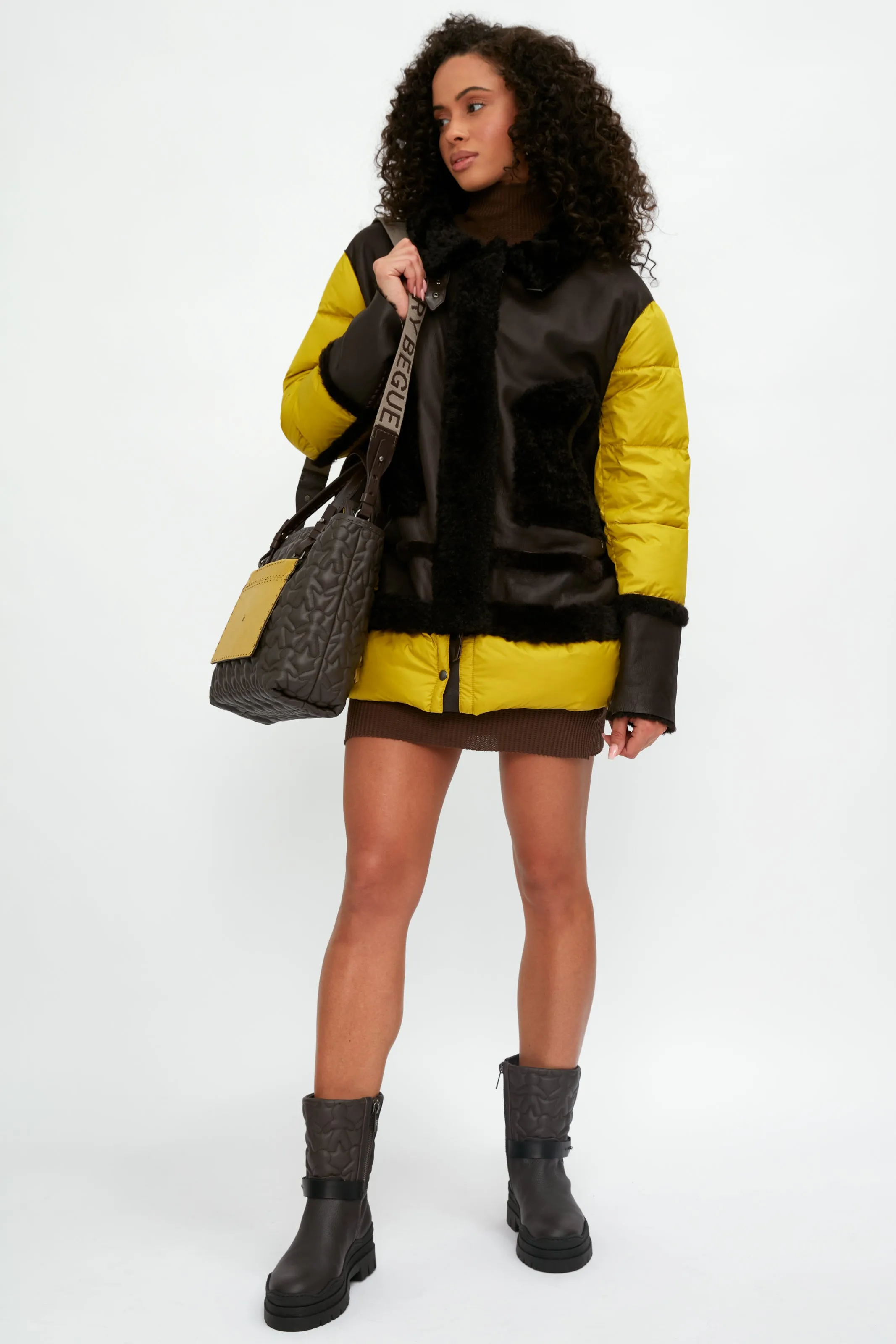 Shearling and Leather Parka Coat in Moro and Curry