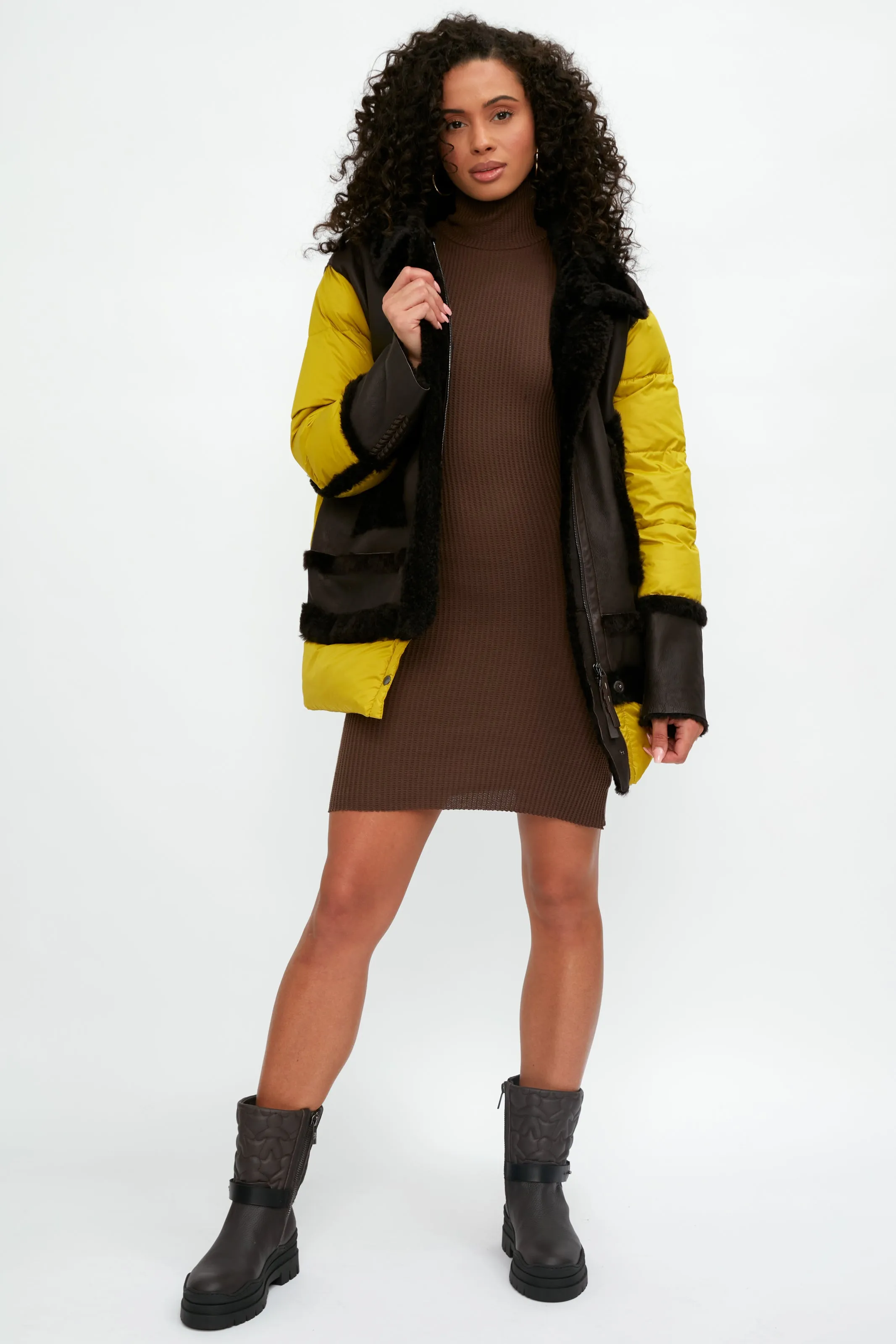 Shearling and Leather Parka Coat in Moro and Curry