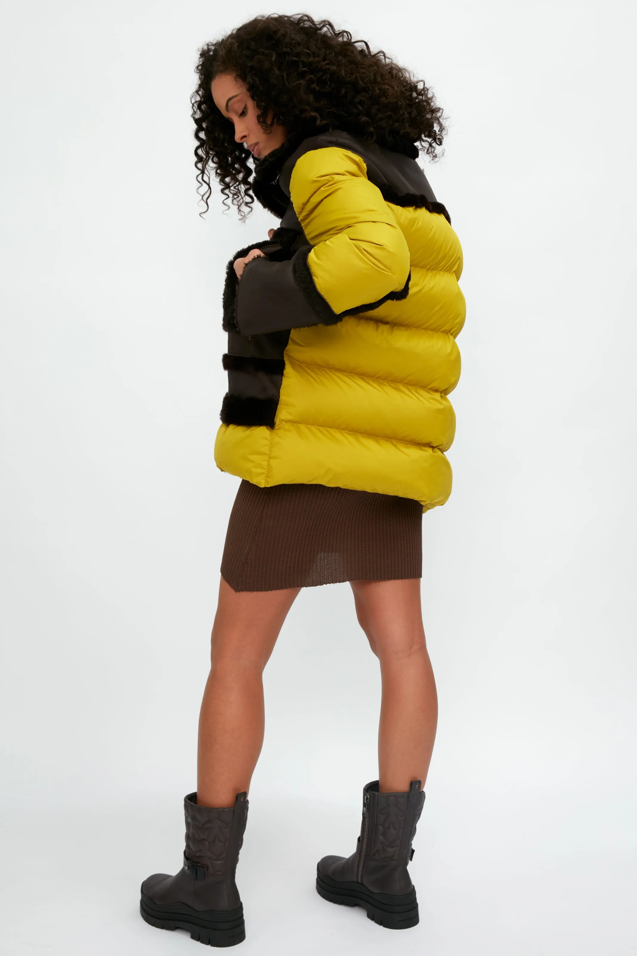 Shearling and Leather Parka Coat in Moro and Curry