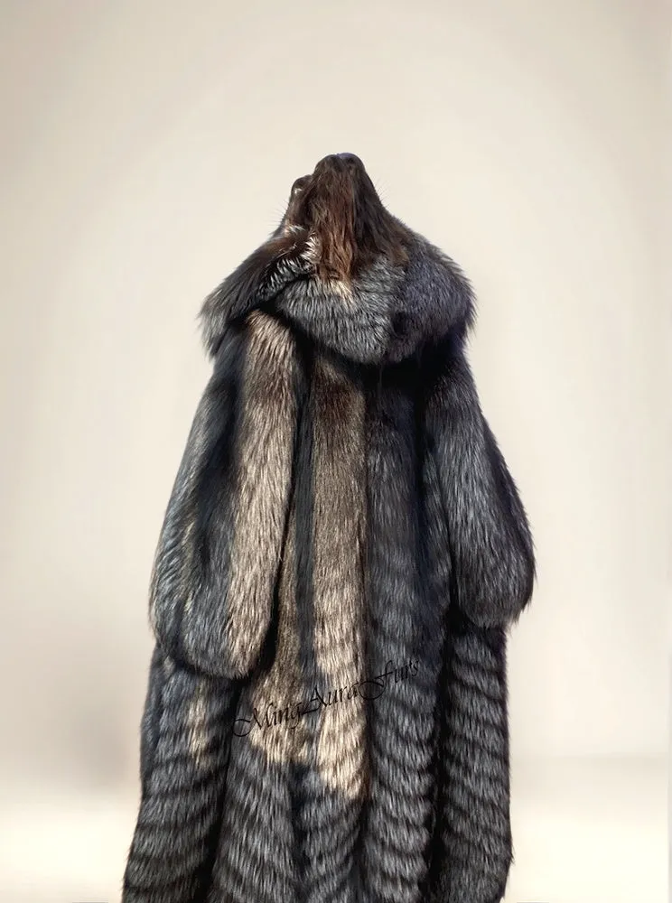 Silver Fox Fur Coat for Women with Fur Hood - Real Fur - G005