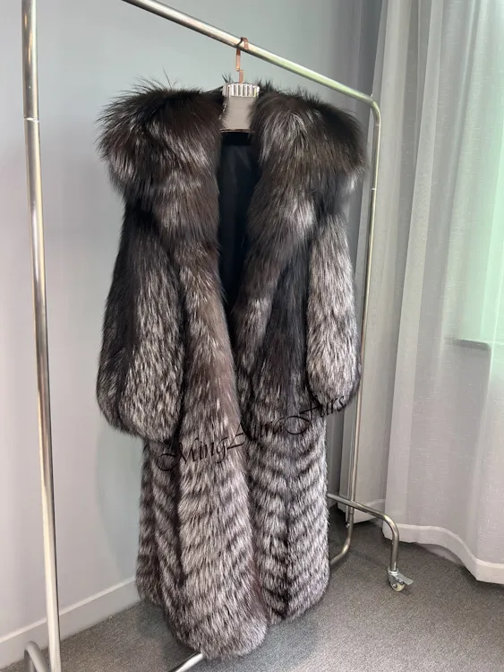 Silver Fox Fur Coat for Women with Fur Hood - Real Fur - G005