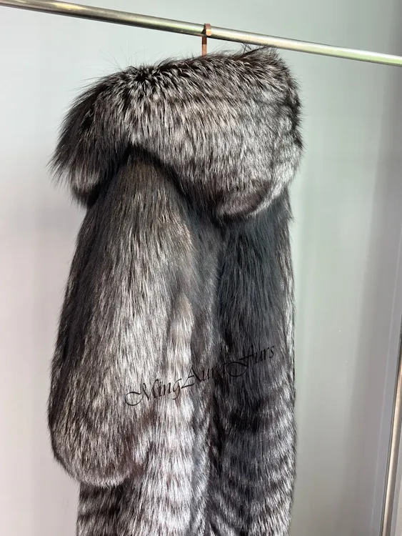 Silver Fox Fur Coat for Women with Fur Hood - Real Fur - G005