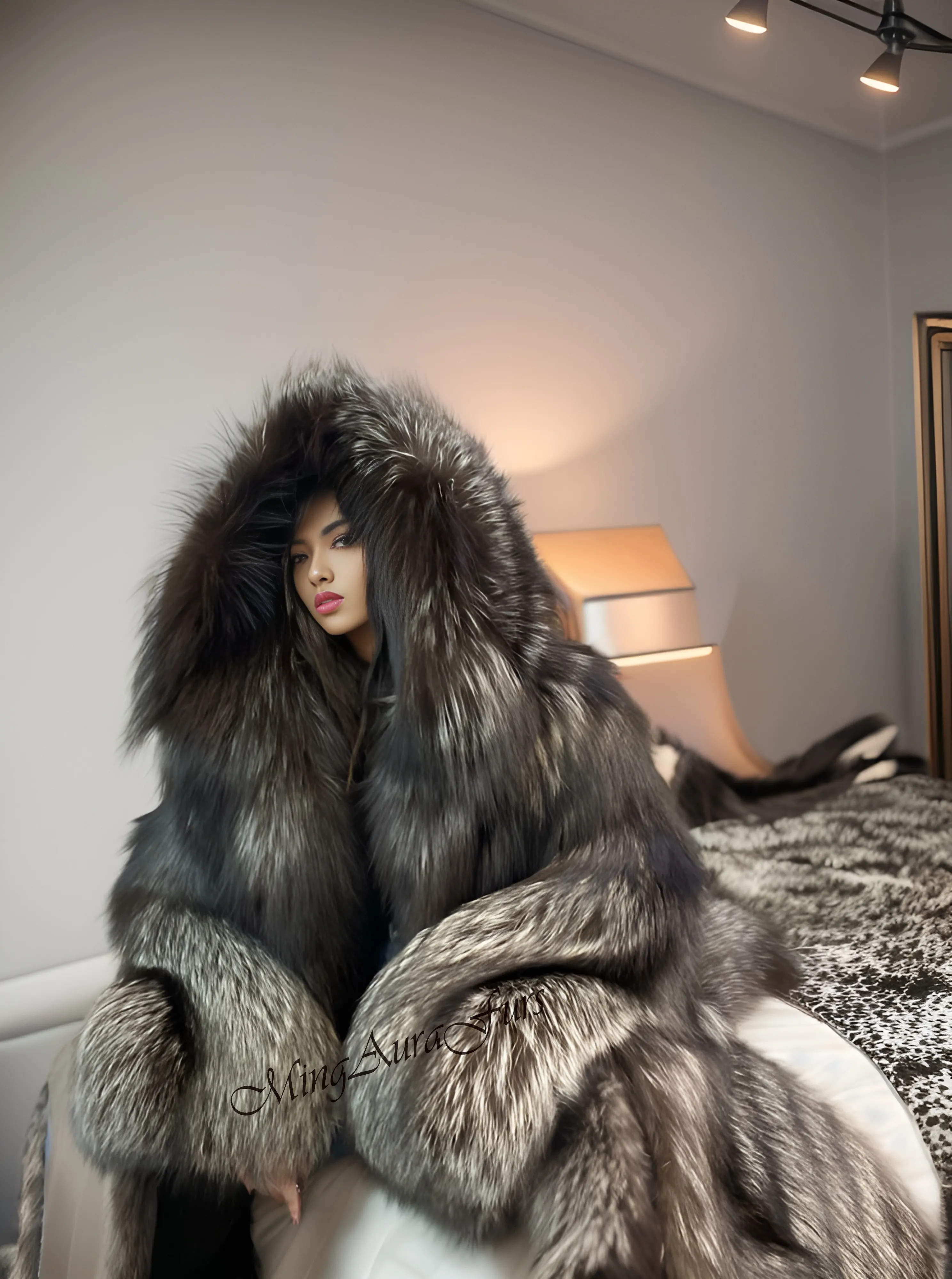 Silver Fox Fur Coat for Women with Fur Hood - Real Fur - G005