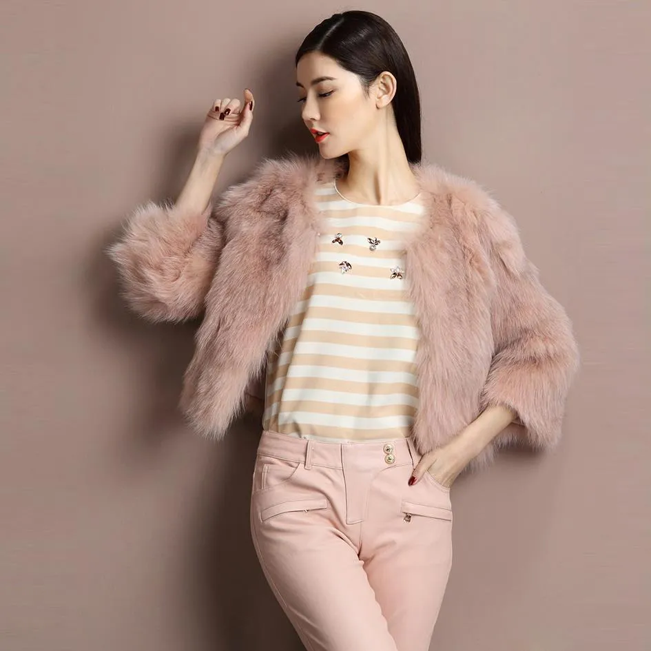 Winter Women's Natural Fur Coat Color Optional Three Quarter Sleeve