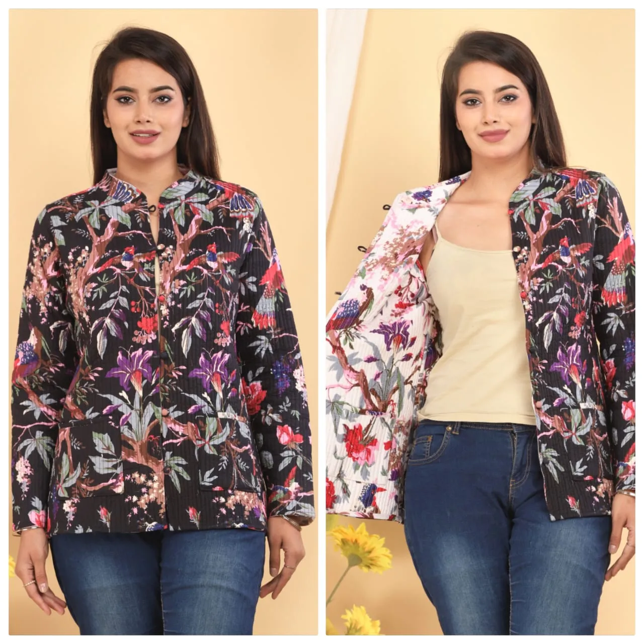 Women's Cotton Quilted Reversible Floral Jacket – Stylish & Comfortable