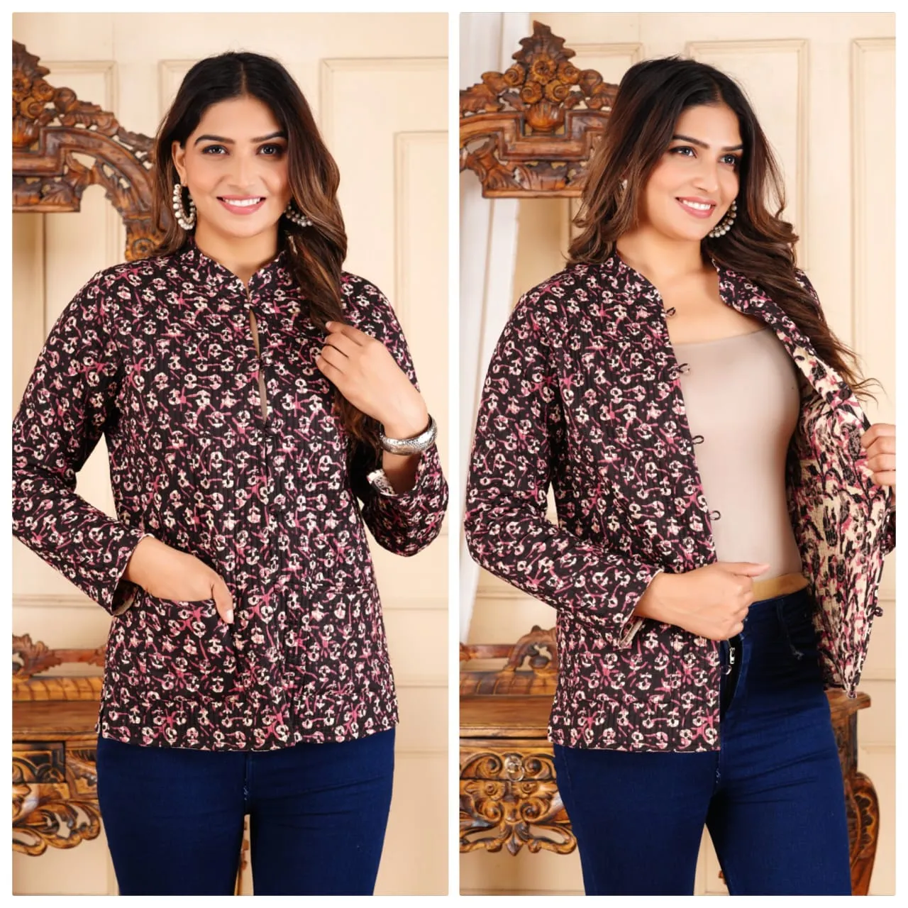 Women's Cotton Quilted Reversible Floral Jacket – Stylish & Comfortable