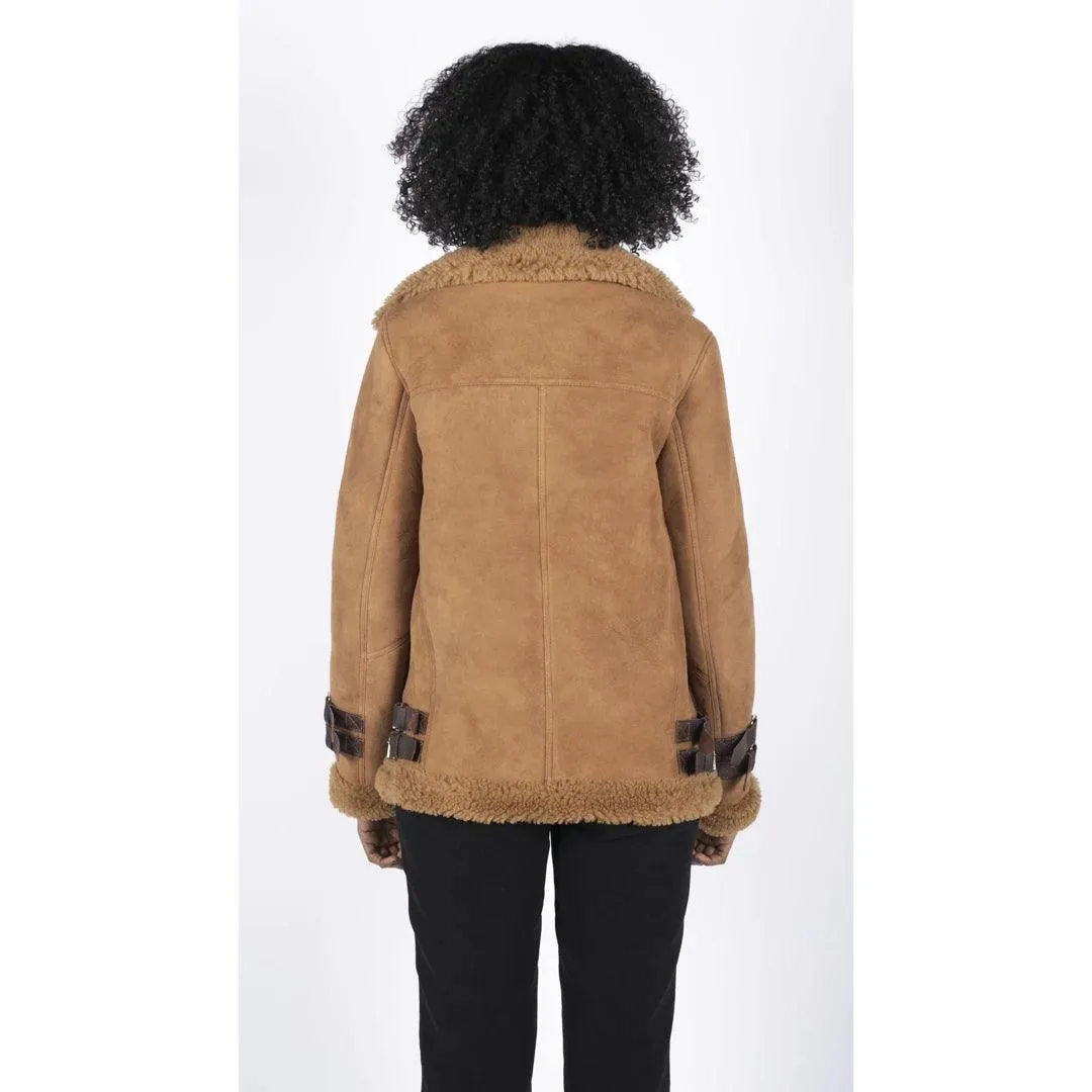 Womens Genuine Sheepskin Leather Cross Zip Flying Aviator Jacket Camel Brown Fur