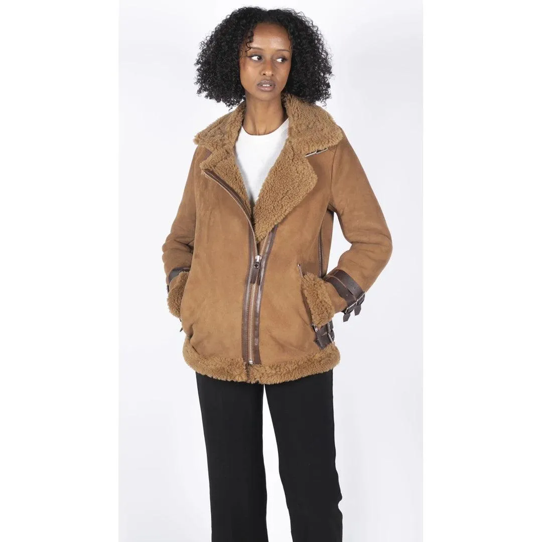 Womens Genuine Sheepskin Leather Cross Zip Flying Aviator Jacket Camel Brown Fur