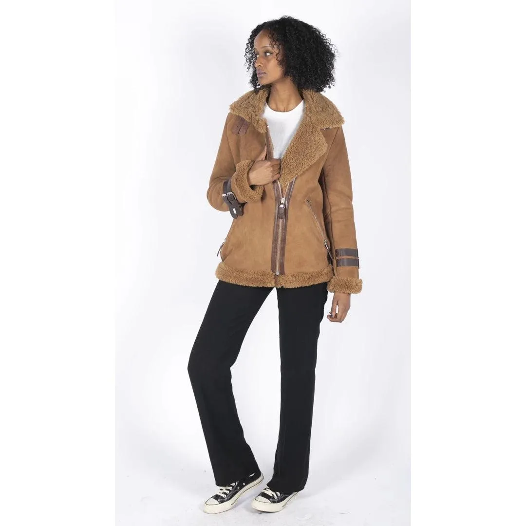 Womens Genuine Sheepskin Leather Cross Zip Flying Aviator Jacket Camel Brown Fur