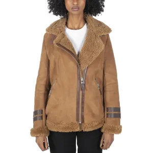 Womens Genuine Sheepskin Leather Cross Zip Flying Aviator Jacket Camel Brown Fur