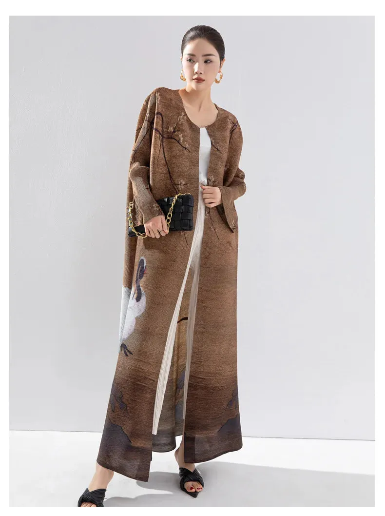 Women's Good Luck Cranes Brown Pleated Long Coat