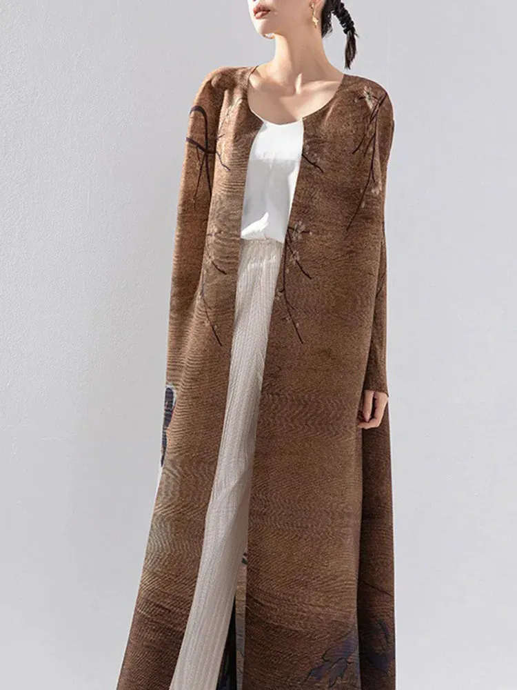 Women's Good Luck Cranes Brown Pleated Long Coat