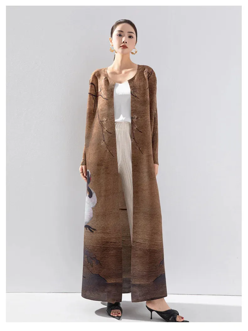 Women's Good Luck Cranes Brown Pleated Long Coat