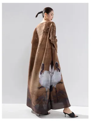 Women's Good Luck Cranes Brown Pleated Long Coat