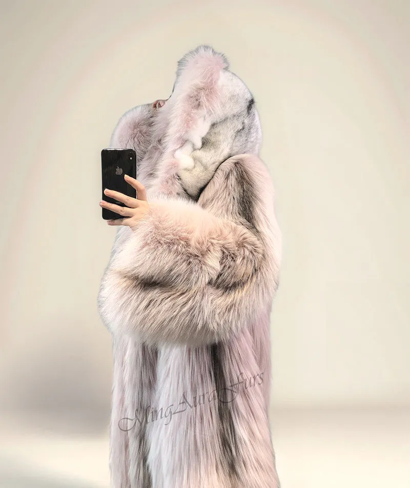 Women's Long Fox Fur Coat with Fur Collar - Arctic Marble Fox - G0015