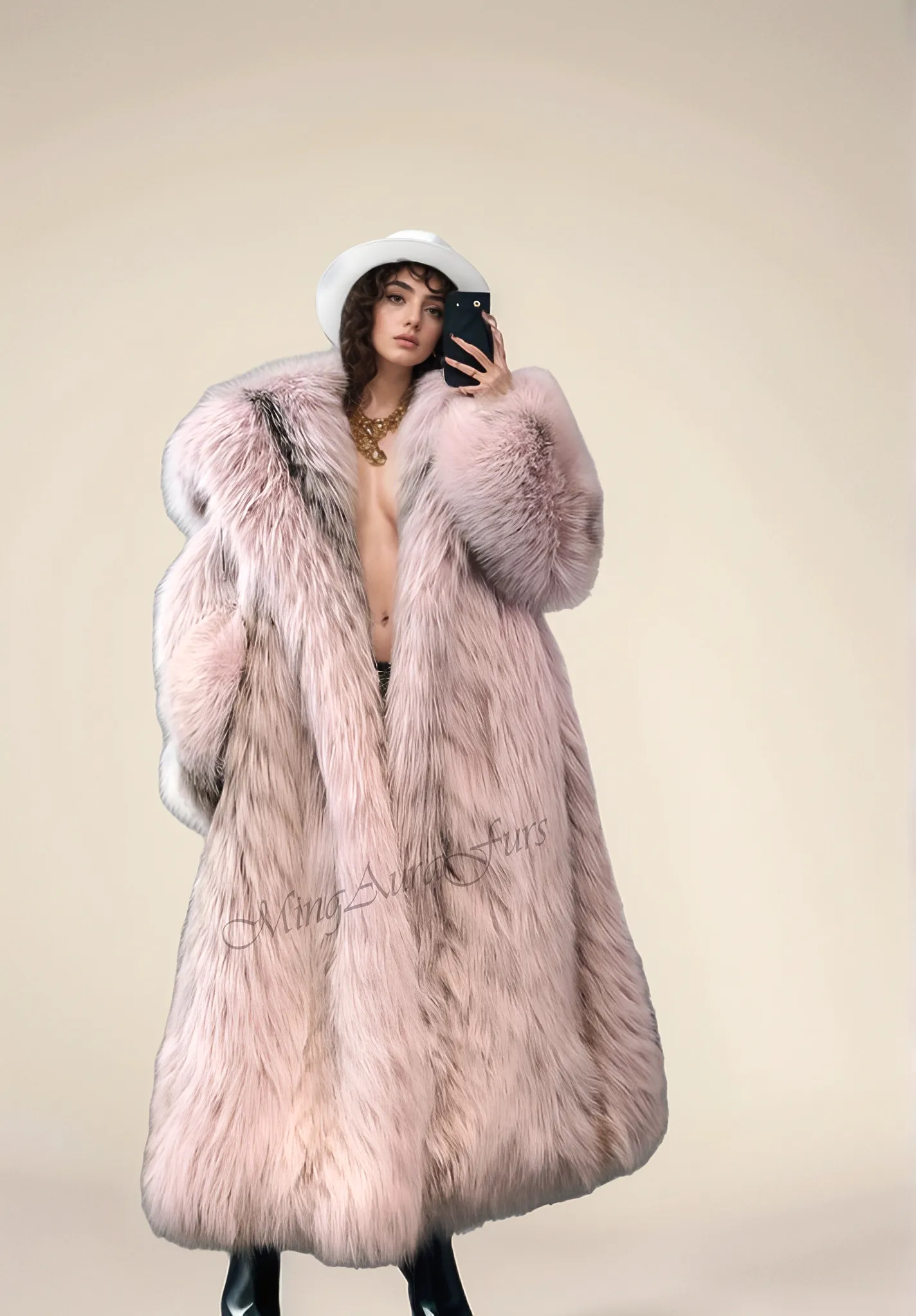 Women's Long Fox Fur Coat with Fur Collar - Arctic Marble Fox - G0015