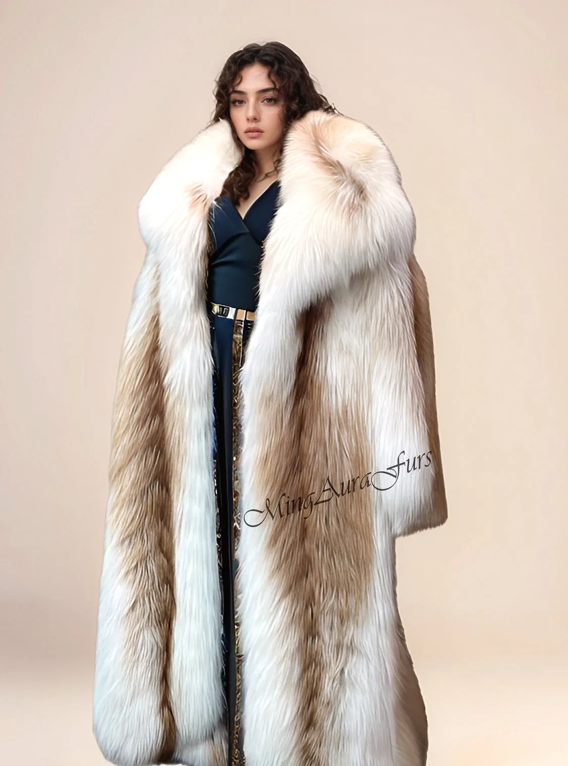 Women's Long Fox Fur Coat with Fur Hood - Sun Gld Fox - G0036