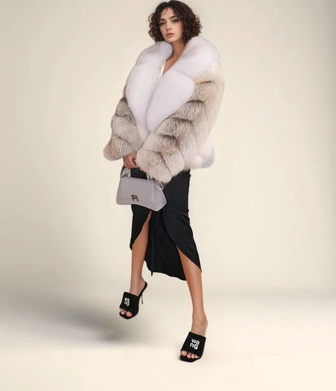 Women's Real Fox Fur Coat with Fur Collar - Fawn Light Fox and White Fox- G0019