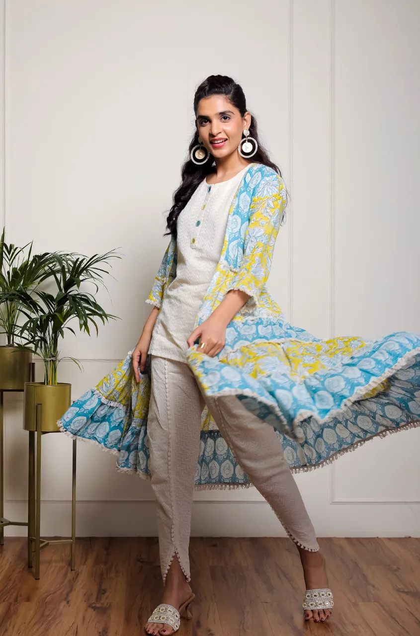 Yellow and Blue Printed Mul Tiered Jakcet With Inner & Tulip