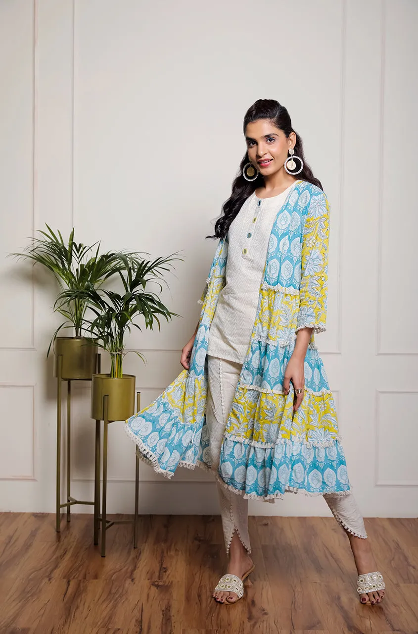 Yellow and Blue Printed Mul Tiered Jakcet With Inner & Tulip